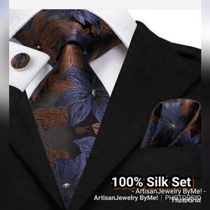 NWT Hi-Tie Silk 3P Set+Cuff Links +Hankerchief Handmade Event New Years Church